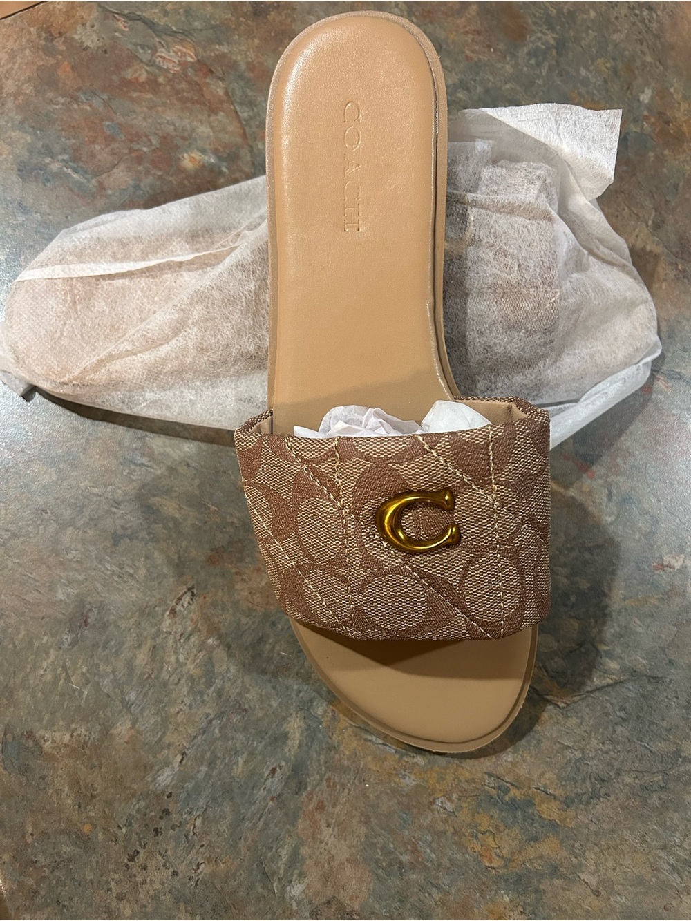 Coach Brown Signature Slide Sandal with Gold C Accent